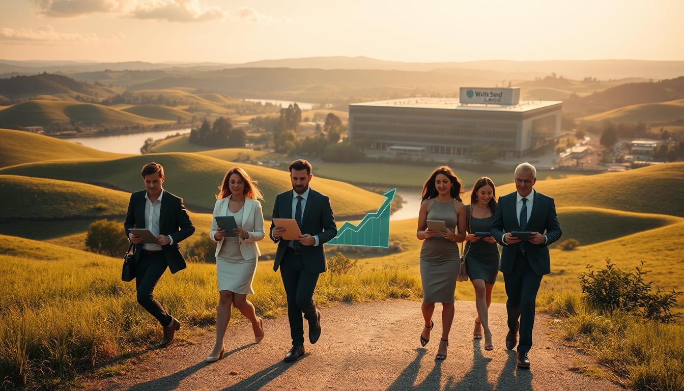A lush, verdant landscape with rolling hills and a winding river in the distance. In the foreground, a group of stylish business people in suits and dresses stride purposefully, holding tablets and discussing charts depicting a steadily rising graph. Behind them, a large, modern office building with the logo "White Sand" prominently displayed. Warm, golden lighting casts a soft glow, conveying a sense of growth, prosperity, and strategic decision-making. The scene is captured from a slightly elevated angle, emphasizing the dynamic energy and forward momentum of the marketing investment.