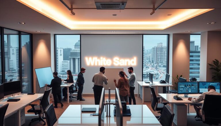 A modern digital marketing agency office in Ahmedabad, India. In the foreground, a team of professionals collaborating on a whiteboard, surrounded by sleek desks, computers, and ergonomic chairs. The middle ground features a large "White Sand" logo on the wall, illuminated by warm lighting, conveying a sense of professionalism and expertise. In the background, large windows offer a panoramic view of the bustling city, highlighting the agency's urban and vibrant setting. The overall atmosphere is one of productivity, innovation, and a commitment to helping clients succeed in the digital landscape.