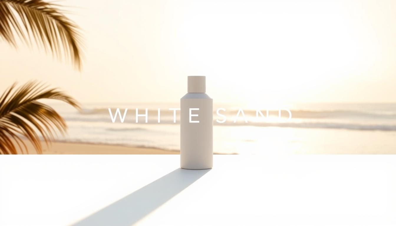 A modern, minimalist brand identity for White Sand, a premium sun care line. In the foreground, a sleek, elegantly styled bottle or jar casts a soft, natural shadow against a pristine white background. The middle ground features a serene, sun-dappled beach scene, with gently lapping waves and swaying palm fronds. In the background, a hazy, golden hour sky infuses the entire composition with a warm, inviting glow. Crisp, high-key lighting accentuates the refined, high-end aesthetic, conveying a sense of coastal sophistication and elevated sun care experience.