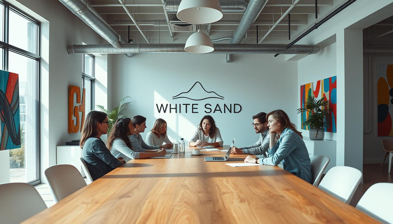 A modern, minimalist office space filled with natural light, clean lines, and a touch of industrial charm. In the foreground, a group of young creatives collaborating around a large, wooden conference table, their faces animated as they brainstorm ideas. The walls are adorned with vibrant, abstract art pieces, each one a unique expression of the agency's creative flair. In the background, a sleek, White Sand logo is prominently displayed, a testament to the agency's brand identity. The overall scene exudes a sense of innovation, energy, and a commitment to pushing the boundaries of creative excellence.