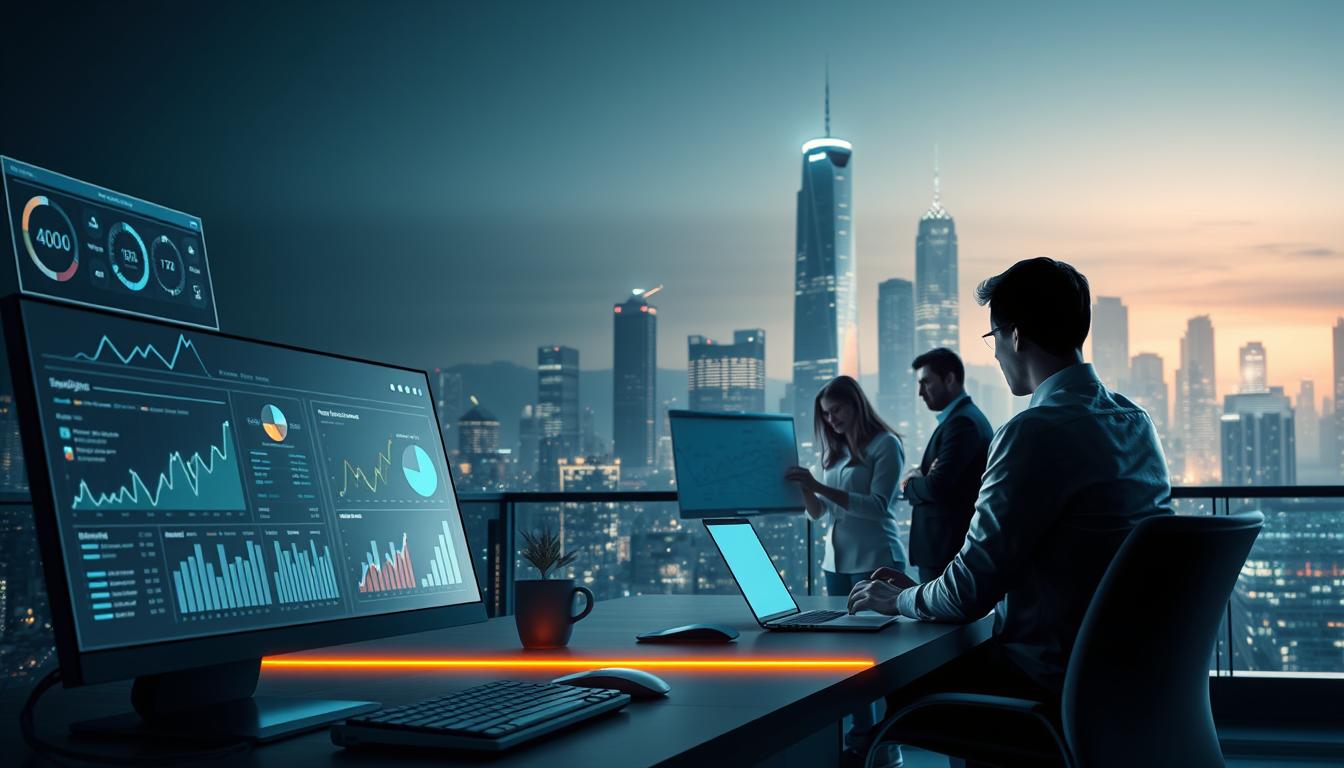 A professional, modern digital marketing strategy development illustration. In the foreground, a futuristic computer interface with data visualizations, analytics dashboards, and digital marketing icons. In the middle ground, a team of White Sand marketing experts collaborating on a strategy, with laptops, whiteboards, and brainstorming notes. In the background, a sleek, minimalist city skyline at night, with glowing buildings and neon accents, creating a high-tech, innovative atmosphere. Soft, directional lighting illuminates the scene, casting dramatic shadows and highlights. The overall mood is one of strategic, data-driven digital marketing expertise and cutting-edge innovation.