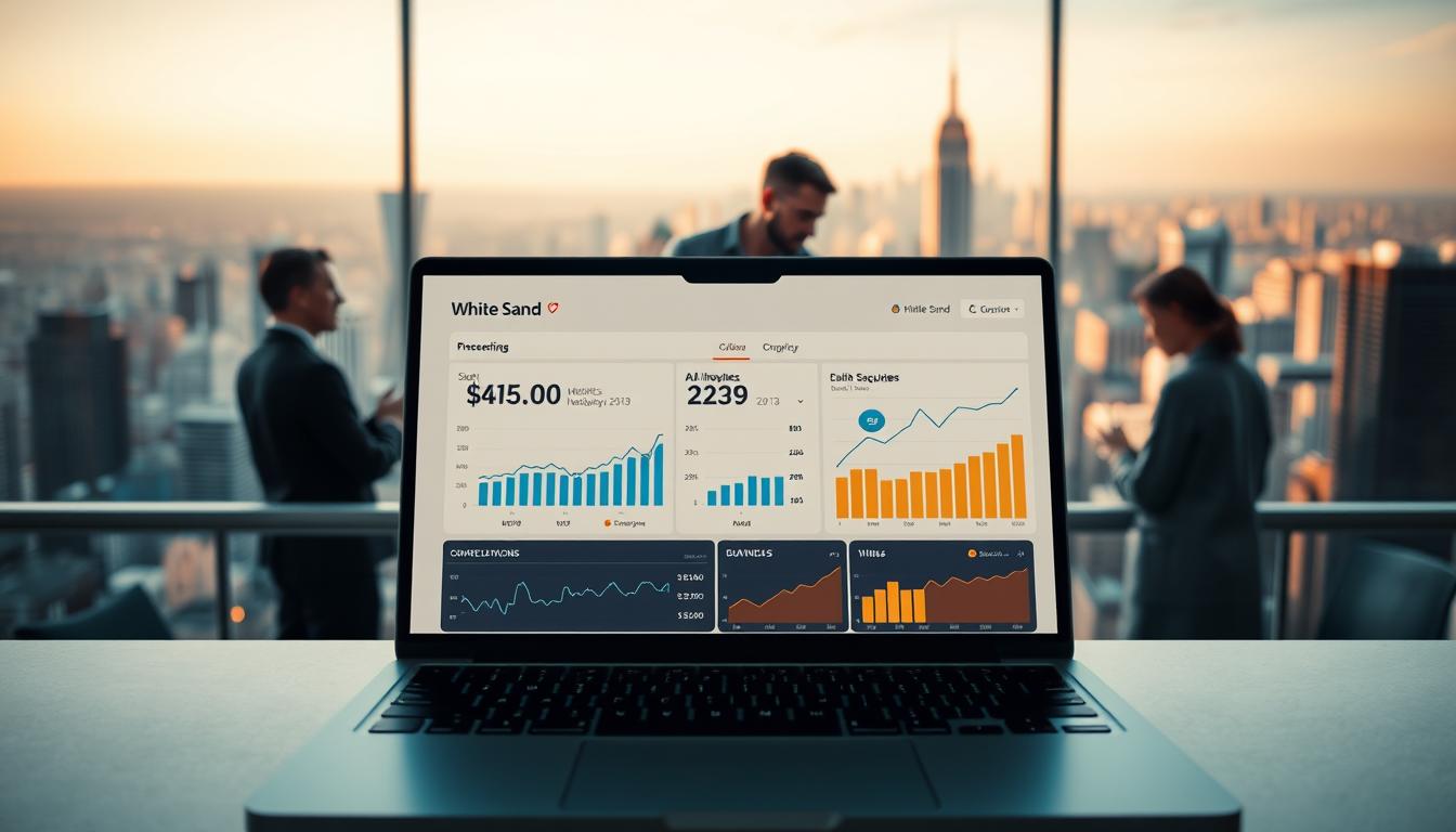 A professional, modern digital marketing strategy development illustration. In the foreground, a futuristic computer interface with data visualizations, analytics dashboards, and digital marketing icons. In the middle ground, a team of White Sand marketing experts collaborating on a strategy, with laptops, whiteboards, and brainstorming notes. In the background, a sleek, minimalist city skyline at night, with glowing buildings and neon accents, creating a high-tech, innovative atmosphere. Soft, directional lighting illuminates the scene, casting dramatic shadows and highlights. The overall mood is one of strategic, data-driven digital marketing expertise and cutting-edge innovation.