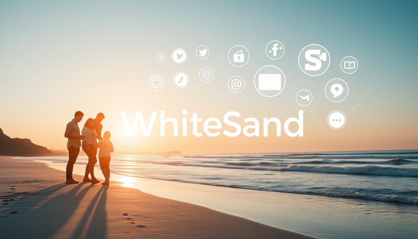 A serene coastal scene featuring the White Sand brand logo. In the foreground, a group of people collaborate on a sleek digital device, representing the "social media methodology" in action. The middle ground showcases various social media icons and symbols, symbolizing the interconnectedness of digital platforms. The background depicts a tranquil beachscape with gentle waves lapping at the shore, creating a calming atmosphere that contrasts with the dynamic digital elements. Soft, natural lighting illuminates the scene, enhancing the balanced and harmonious mood. The overall composition conveys a sense of unity between technology and the natural world, reflecting the successful social media strategies employed by the agency.