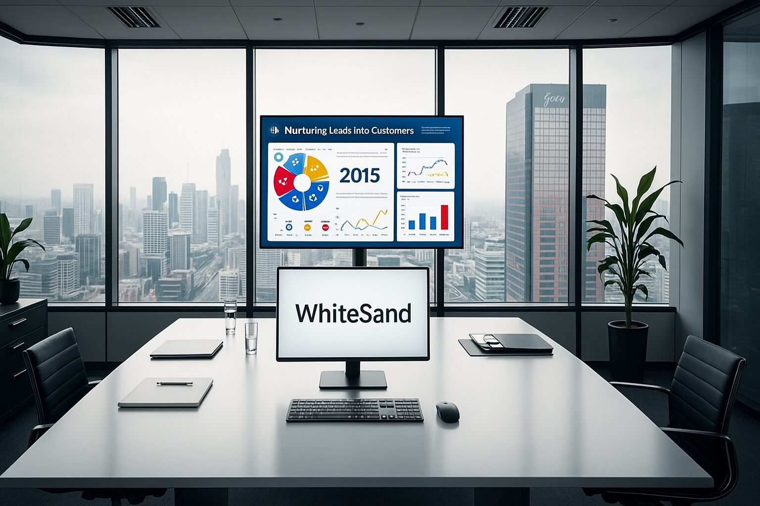 A serene, well-lit office setting with a large window overlooking a bustling city skyline. In the foreground, a stylish desk displaying the "White Sand" brand prominently, surrounded by various digital marketing tools and devices. The middle ground features a computer monitor showcasing email marketing analytics and customer data, hinting at the "Nurturing Leads into Customers" theme. The background depicts the Ahmedabad cityscape, with modern high-rises and a vibrant, energetic atmosphere, conveying the idea of "Boost-online-growth-strategies-Services-Ahmedabad". The overall mood is professional, clean, and inspiring, highlighting the digital marketing agency's expertise.