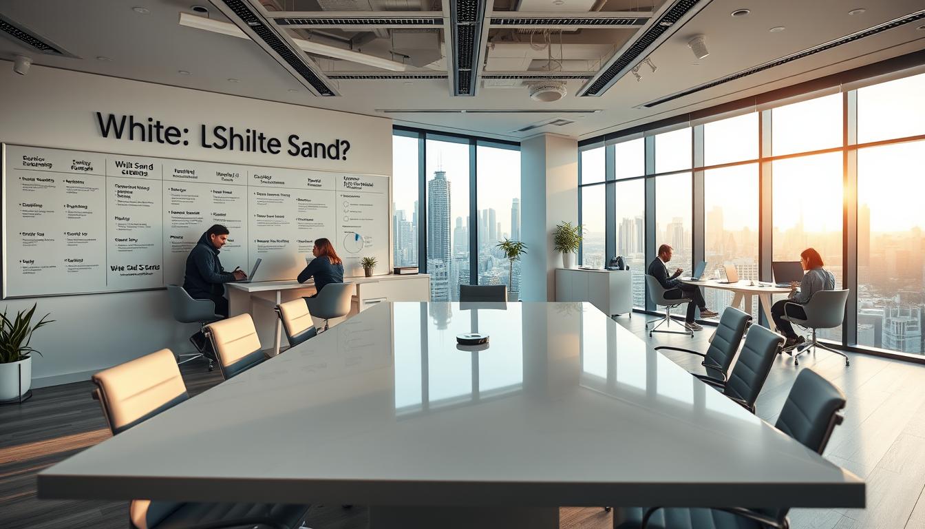 A sleek, modern digital marketing agency office with the "White Sand" brand prominently displayed. The foreground features a minimalist conference table with designer chairs, and a large whiteboard wall showcasing pricing plans and service offerings. The middle ground has employees collaborating on laptops, while the background reveals a panoramic city skyline view through floor-to-ceiling windows, bathed in warm, natural lighting. The overall atmosphere is professional, innovative, and focused on delivering value to clients.