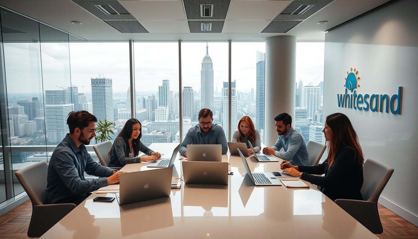 A sleek, modern office space with a focus on digital marketing. In the foreground, a team of young, dynamic professionals collaborating at a large, white conference table, their laptops and notepads spread out before them. The walls are adorned with the "White Sand" brand logo, reflecting the company's coastal-inspired aesthetic. Soft, overhead lighting creates a warm, inviting atmosphere, while floor-to-ceiling windows provide a panoramic view of a bustling city skyline in the background. The overall scene conveys a sense of productivity, creativity, and technical expertise at the heart of a thriving digital marketing agency.