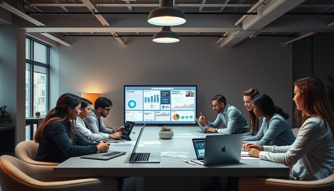 A team of digital marketing experts gathered around a table, focused and collaborative, illuminated by warm overhead lighting. In the foreground, a diverse group of professionals with laptops and notepads, brainstorming strategies for the "White Sand" brand. The middle ground features a large interactive display, showcasing data visualizations and campaign analytics. The background sets a modern, minimalist office scene, with sleek furniture and clean lines. The atmosphere is one of productivity, innovation, and a shared passion for driving digital success for the client.