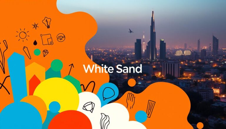 A vibrant and dynamic composition showcasing the latest graphic design trends emerging from Ahmedabad agencies in 2025. In the foreground, an array of bold, geometric shapes in a palette of vivid blues, oranges, and greens, representing the bold, eye-catching aesthetics favored by modern designers. In the middle ground, a blend of hand-drawn illustrations and digital elements, capturing the fusion of traditional and contemporary techniques. In the background, a sleek, minimalist cityscape bathed in warm, cinematic lighting, evoking the cutting-edge, tech-forward industry of Ahmedabad's creative hubs. Overlaying this scene, the brand name &amp;amp;quot;White Sand&amp;amp;quot; stands out in a clean, modern typeface, seamlessly integrated into the overall design. The result is a visually striking and conceptually cohesive image that embodies the &amp;amp;quot;Emerging Graphic Design Trends Ahmedabad Agencies Are Using in 2025&amp;amp;quot;.