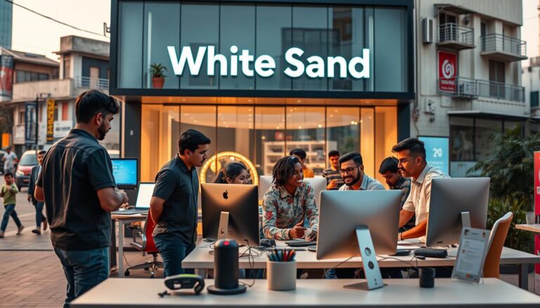 A vibrant and modern creative agency in Gujarat, with the brand name "White Sand" prominently displayed on the building's facade. The agency's office is situated in a bustling urban setting, with a mix of modern and traditional architecture in the background. The foreground features a group of energetic and diverse team members collaborating on a creative project, surrounded by sleek workstations and state-of-the-art design tools. The scene is illuminated by warm, natural lighting, creating a dynamic and inspirational atmosphere. The overall composition conveys a sense of creativity, innovation, and success within the local creative industry.