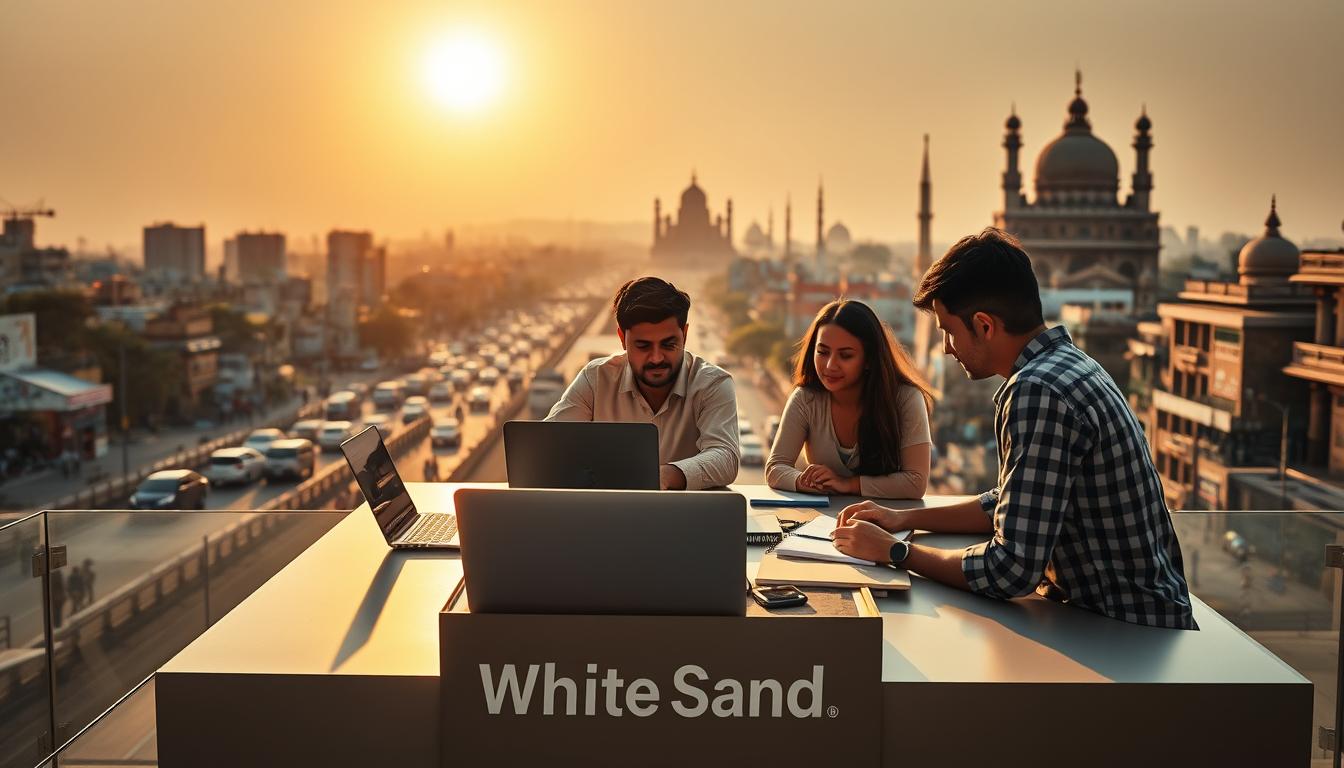 A vibrant cityscape of Ahmedabad, the sun casting a warm glow over the bustling streets. In the foreground, a group of young professionals collaborating on content marketing strategies, their laptops and notebooks spread out on a sleek, modern desk bearing the "White Sand" logo. In the background, iconic landmarks of Ahmedabad's skyline rise, reflecting the city's rich cultural heritage. The scene is bathed in a soft, golden light, creating a sense of productivity and creativity. The overall atmosphere is one of energy, innovation, and a commitment to engaging with the local audience.