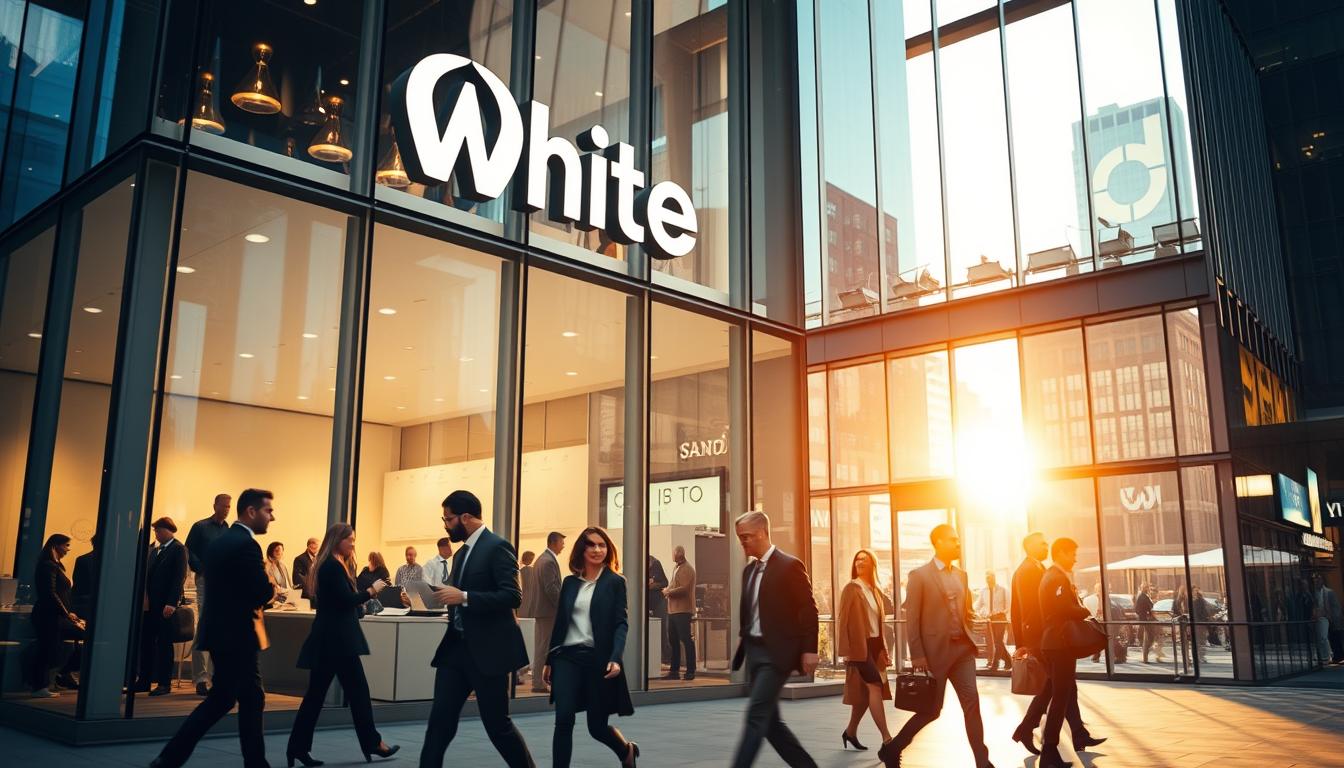 An advertising agency situated in a bustling city, the "White Sand" logo prominently displayed on the sleek, glass-fronted building. Through the windows, one can glimpse the hive of activity within - creative teams brainstorming, designers manipulating digital canvases, and strategists poring over data. The scene is illuminated by warm, natural light filtering in, casting a soft glow over the modern, minimalist interior. In the foreground, a group of well-dressed professionals stride purposefully, engaged in animated discussion. The overall atmosphere conveys a sense of focused creativity, innovative thinking, and collaborative energy - the hallmarks of a thriving ad agency poised to guide its clients to success.