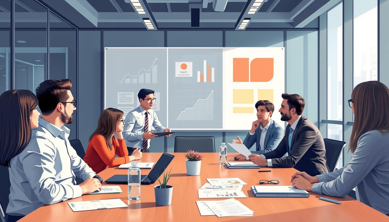 Image of a business meeting with advertising professionals discussing strategies.