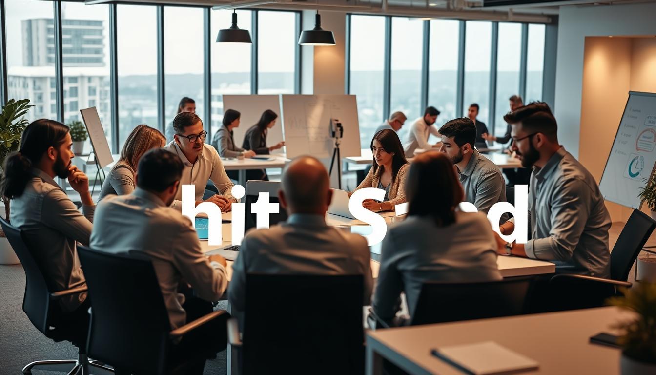 A bustling office scene of the "White Sand" marketing campaign management team at work. In the foreground, a group of professionals engrossed in strategy discussions around a large table, their expressions focused and determined. Midground, team members collaborate on laptops and whiteboards, coordinating workflow and timelines. The background reveals a sleek, modern office space with large windows allowing natural light to filter in, creating a sense of openness and productivity. Warm lighting casts a professional glow, while minimalist decor and clean lines convey an efficient, high-performance atmosphere. This image captures the limitless potential of a full-service agency managing a comprehensive marketing campaign.