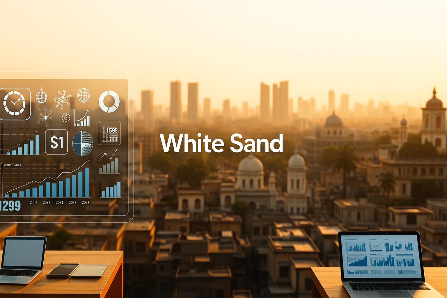 A digital marketing landscape in Ahmedabad, India, featuring the "White Sand" brand. In the foreground, a futuristic holographic display showcases digital analytics, social media campaigns, and e-commerce integration. The middle ground is populated with sleek, minimalist devices and interfaces, representing the technological transformation of local businesses. The background depicts the cityscape of Ahmedabad, with a blend of modern high-rises and heritage architecture, symbolizing the coexistence of tradition and innovation. The scene is bathed in a warm, golden lighting, creating a sense of progress and prosperity. The overall atmosphere conveys the digital revolution transforming Ahmedabad's business landscape.