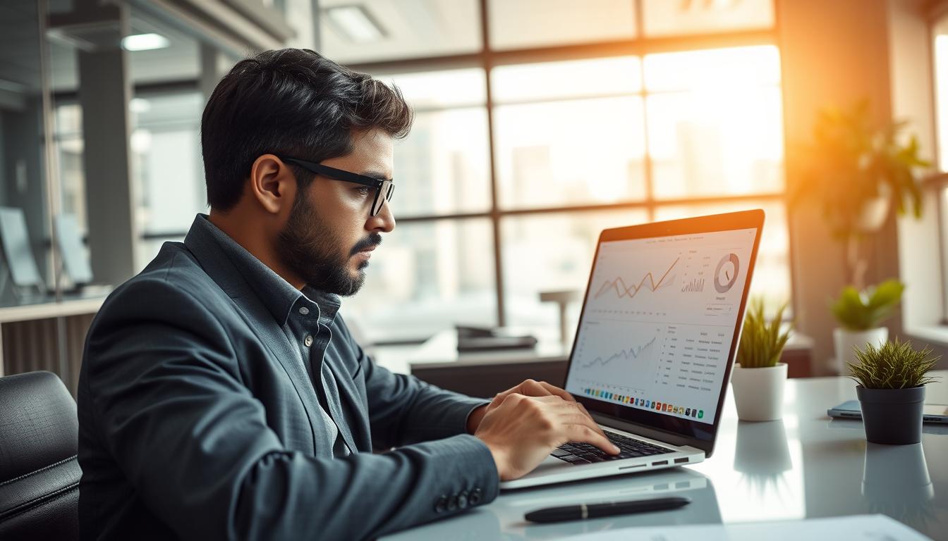 Generate an image of a businessman in Ahmedabad analyzing PPC campaign results on a laptop.