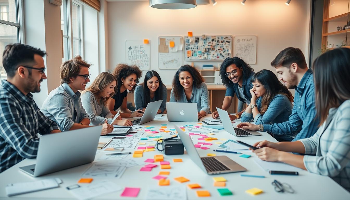 Generate an image of a creative agency workspace with a diverse team brainstorming around a table.