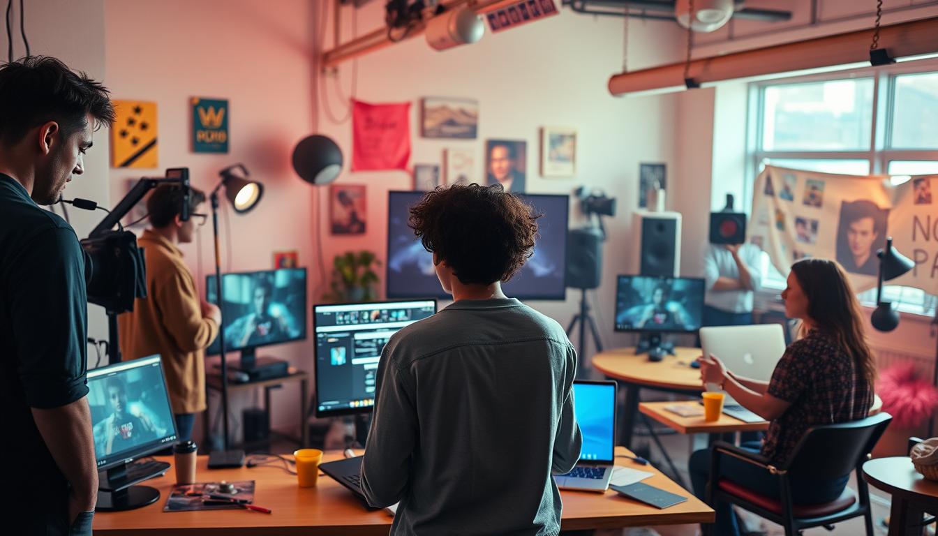 Generate an image of a creative studio developing diverse content formats.