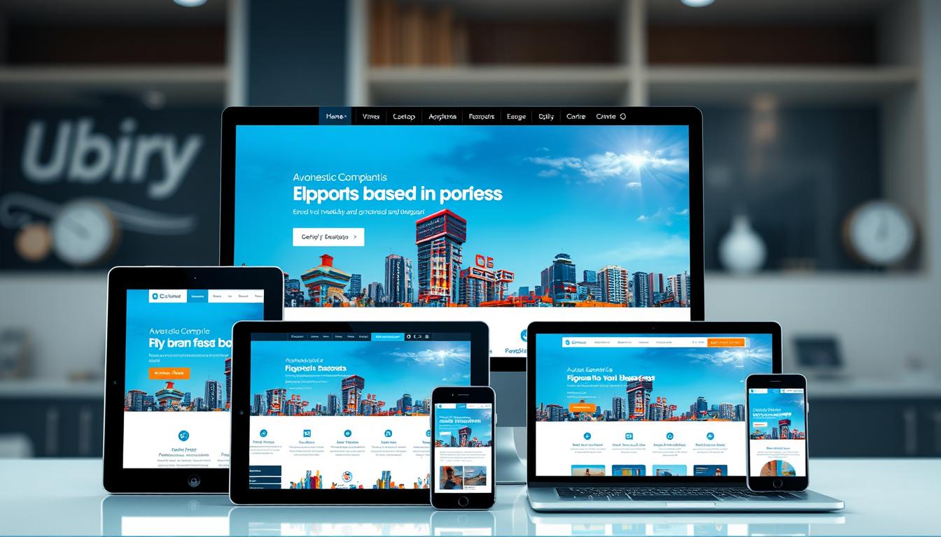 Generate an image of a modern, responsive website on various devices, including desktops, laptops, tablets, and smartphones, showcasing a business from Ahmedabad.