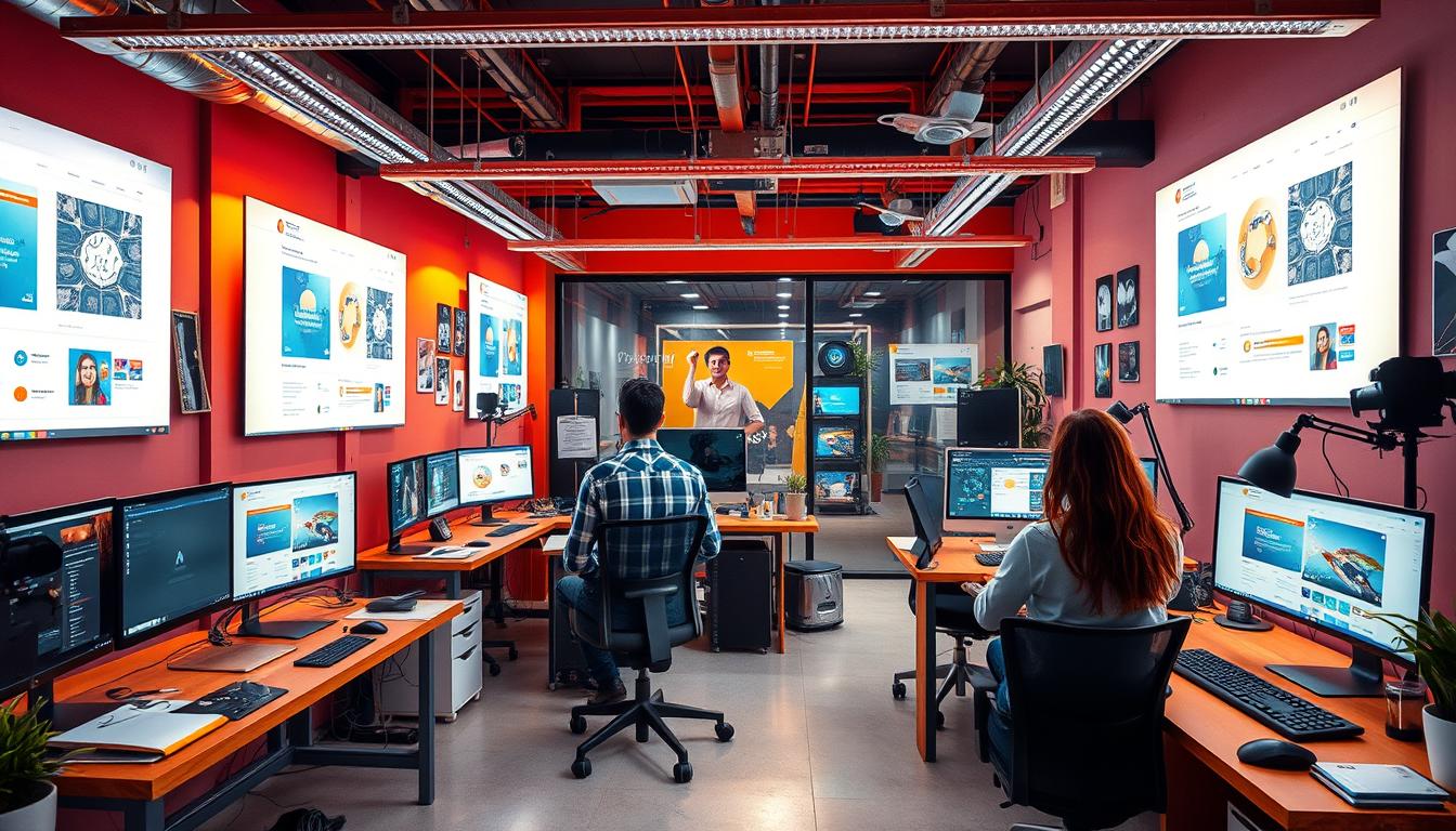 Generate an image of a modern web development studio in Ahmedabad with UI/UX designers at work.