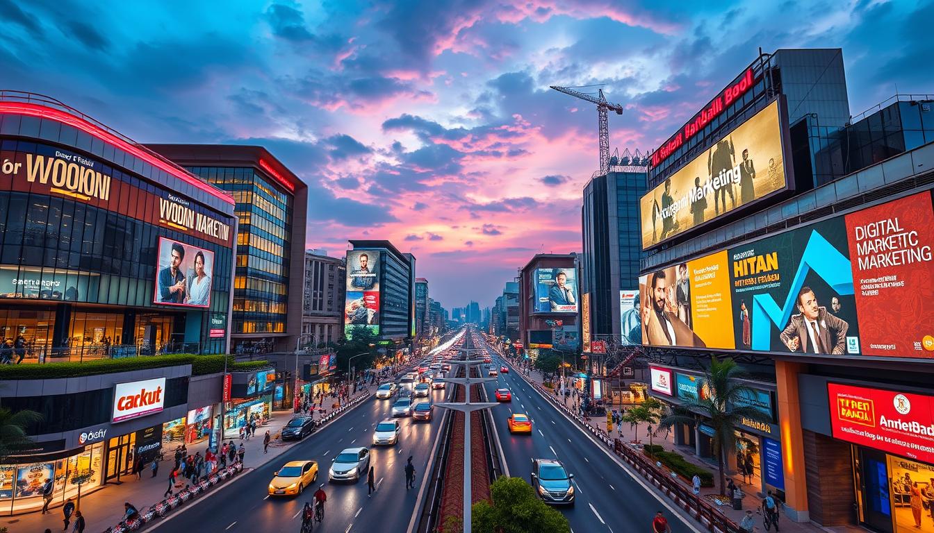 Generate an image of a thriving business landscape in Ahmedabad with a focus on digital marketing.