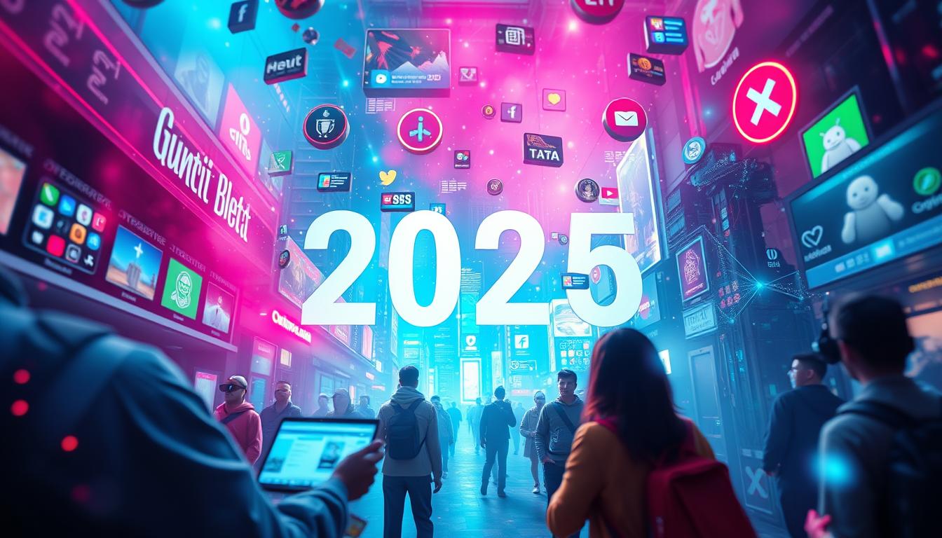 Generate an image representing the evolving social media landscape in 2025, incorporating elements like AI, augmented reality, and social commerce.