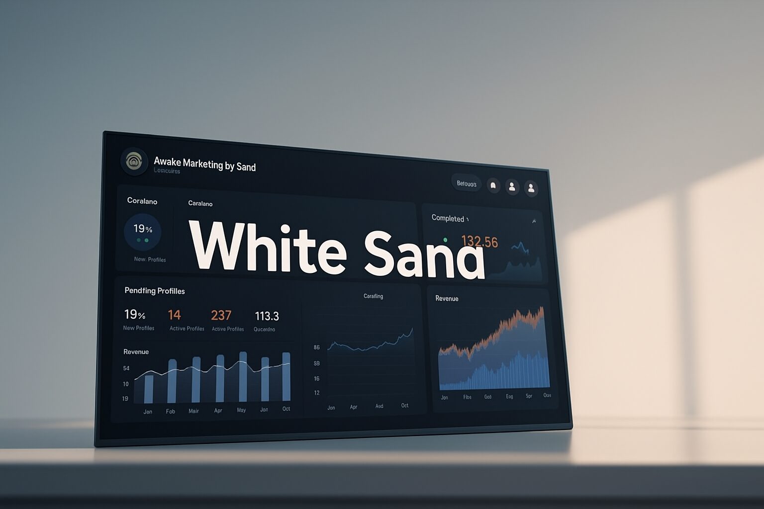 A professional, high-quality marketing performance dashboard set against a sleek, minimalist backdrop. In the foreground, the White Sand brand logo is prominently displayed, rendered in a modern, clean font. The dashboard itself features intuitive data visualizations and KPIs tracking key marketing metrics like leads, conversions, and ROI. The overall lighting is soft and diffused, with a subtle vignette effect to draw the eye to the center. The camera angle is slightly elevated, giving a sense of authority and professionalism. The mood is one of clarity, confidence, and a data-driven approach to creative marketing campaign optimization.