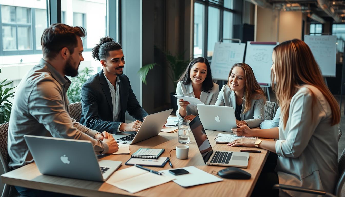 Image of a business consultation or a team brainstorming session.