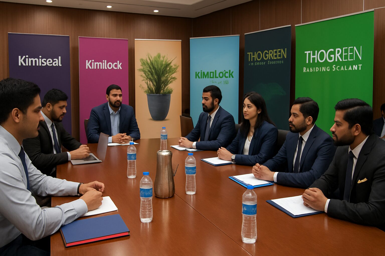 Image of a business meeting in Ahmedabad with branding elements