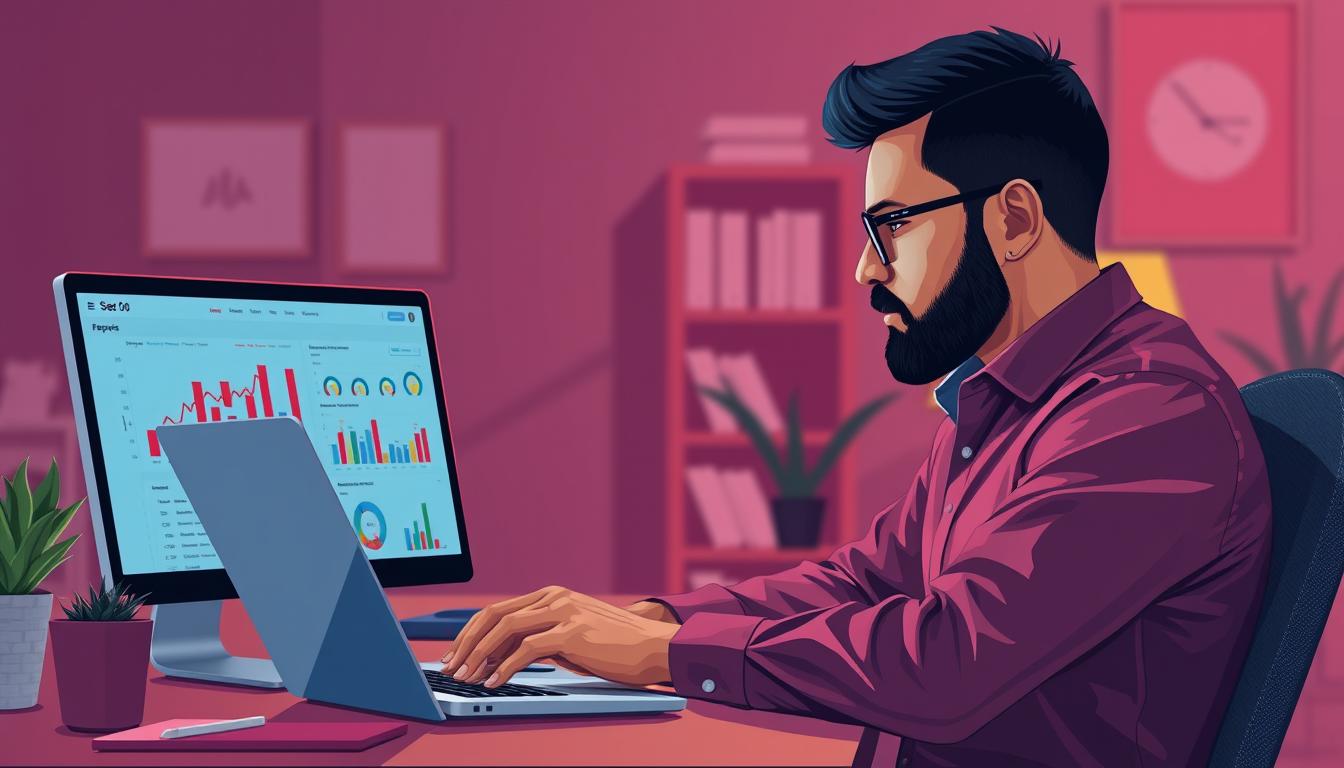 Image of a business owner in Ahmedabad analyzing SEO reports on a laptop