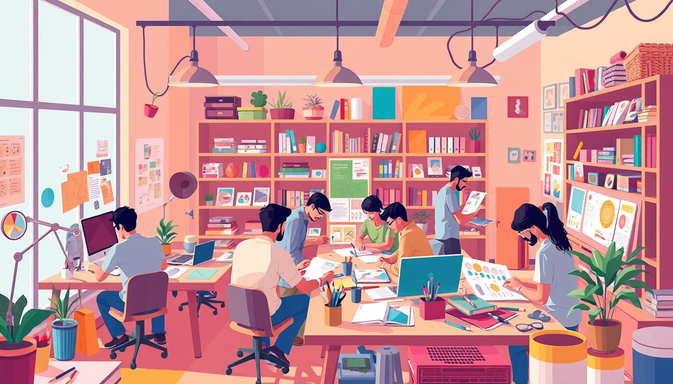 Image of a creative design studio in Ahmedabad with designers working on various design projects.