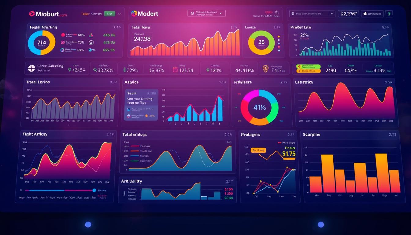 Image of a digital marketing dashboard with various analytics and graphs