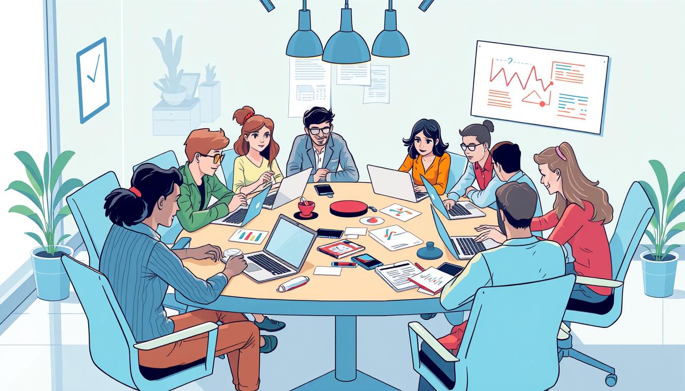 Image of a digital marketing team brainstorming around a table with laptops and marketing materials.
