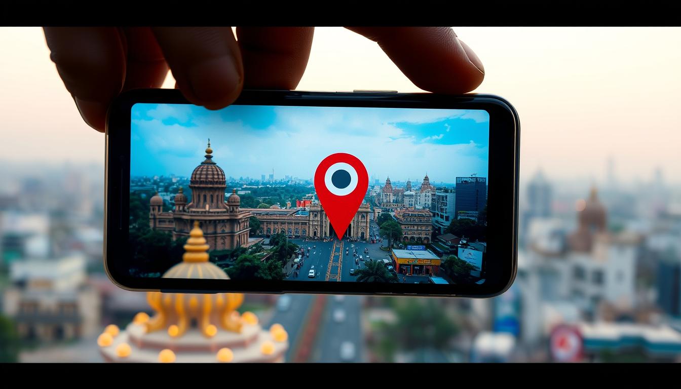Image of a map pin on a smartphone screen with Ahmedabad cityscape in the background