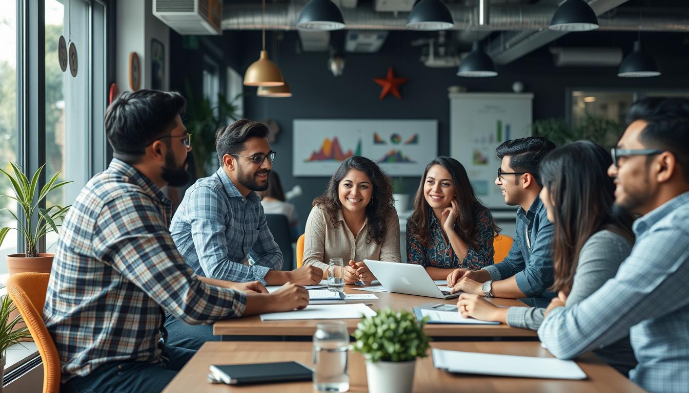 Image of a marketing agency team working with small business owners in Ahmedabad