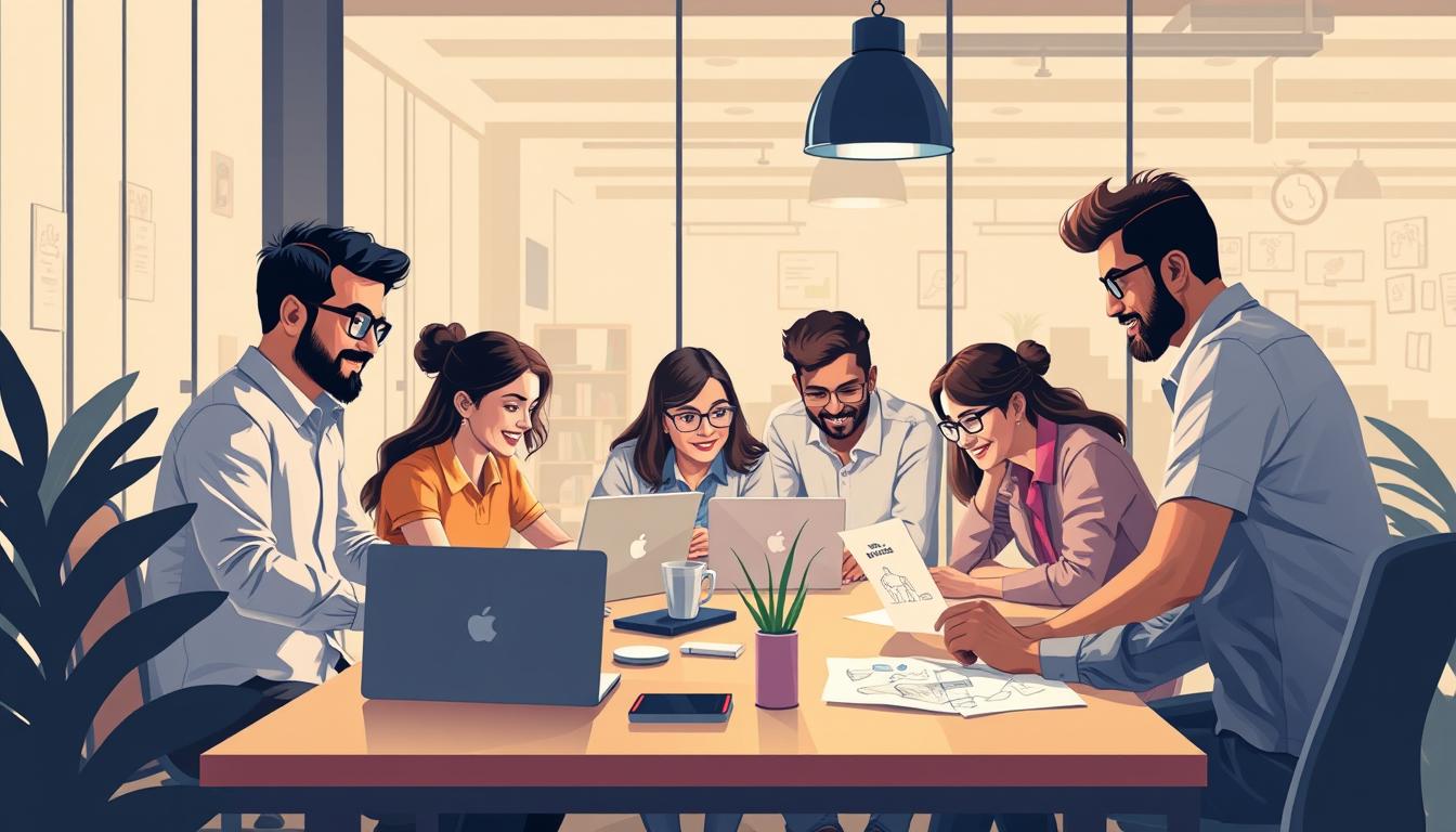 Image of a mobile app development team working on a project in Ahmedabad