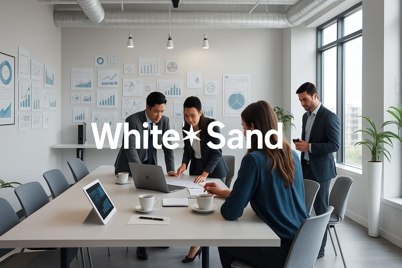 A modern, well-designed marketing agency office with the "White Sand" logo prominently displayed. The foreground features a team of professionals collaborating on a digital marketing strategy, with laptops, notepads, and coffee mugs on a sleek, minimalist desk. The middle ground showcases various illustrations, graphs, and data visualizations on the walls, reflecting the agency's data-driven approach. The background has large windows allowing natural light to flood the space, creating a bright and airy atmosphere. The overall scene conveys the agency's expertise, creativity, and commitment to delivering results for their clients.