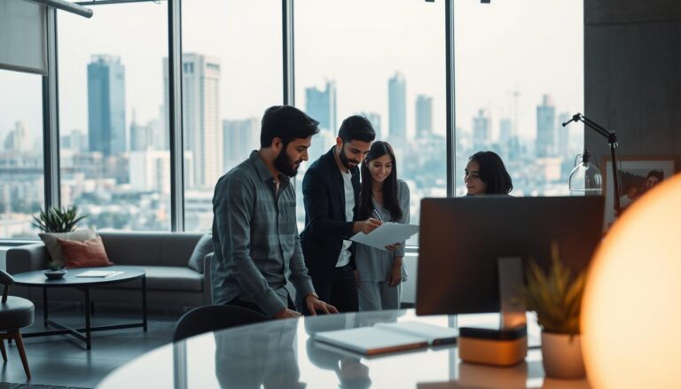 A modern design agency in Ahmedabad, with the brand name "White Sand", set against a backdrop of vibrant city skyline. The agency's workspace is filled with natural light, sleek furniture, and minimalist decor, reflecting a design-first approach. In the foreground, a team of creative professionals collaborate on their latest project, captured in a wide-angle lens with a shallow depth of field. The image conveys a sense of productivity, innovation, and the city's bustling energy. The lighting is soft and diffused, creating a warm, inviting atmosphere. The overall composition suggests a thriving, design-driven agency scaling its operations in the heart of Ahmedabad.