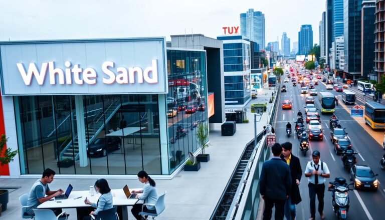 A modern digital marketing agency in an urban setting, with the brand name "White Sand" prominently displayed on the facade. The building has a sleek, minimalist design with large windows allowing natural light to flood the interior. In the foreground, a group of young, dynamic professionals are collaborating at a communal workspace, their laptops and tablets illuminated by soft, diffused lighting. The middle ground showcases a team meeting in a stylishly decorated conference room, their animated discussion captured in a candid moment. The background depicts the bustling streets of a thriving Gujarati city, with skyscrapers and traffic creating a vibrant, high-tech atmosphere. The overall scene conveys the energy, innovation, and professionalism of a cutting-edge full-service marketing agency.