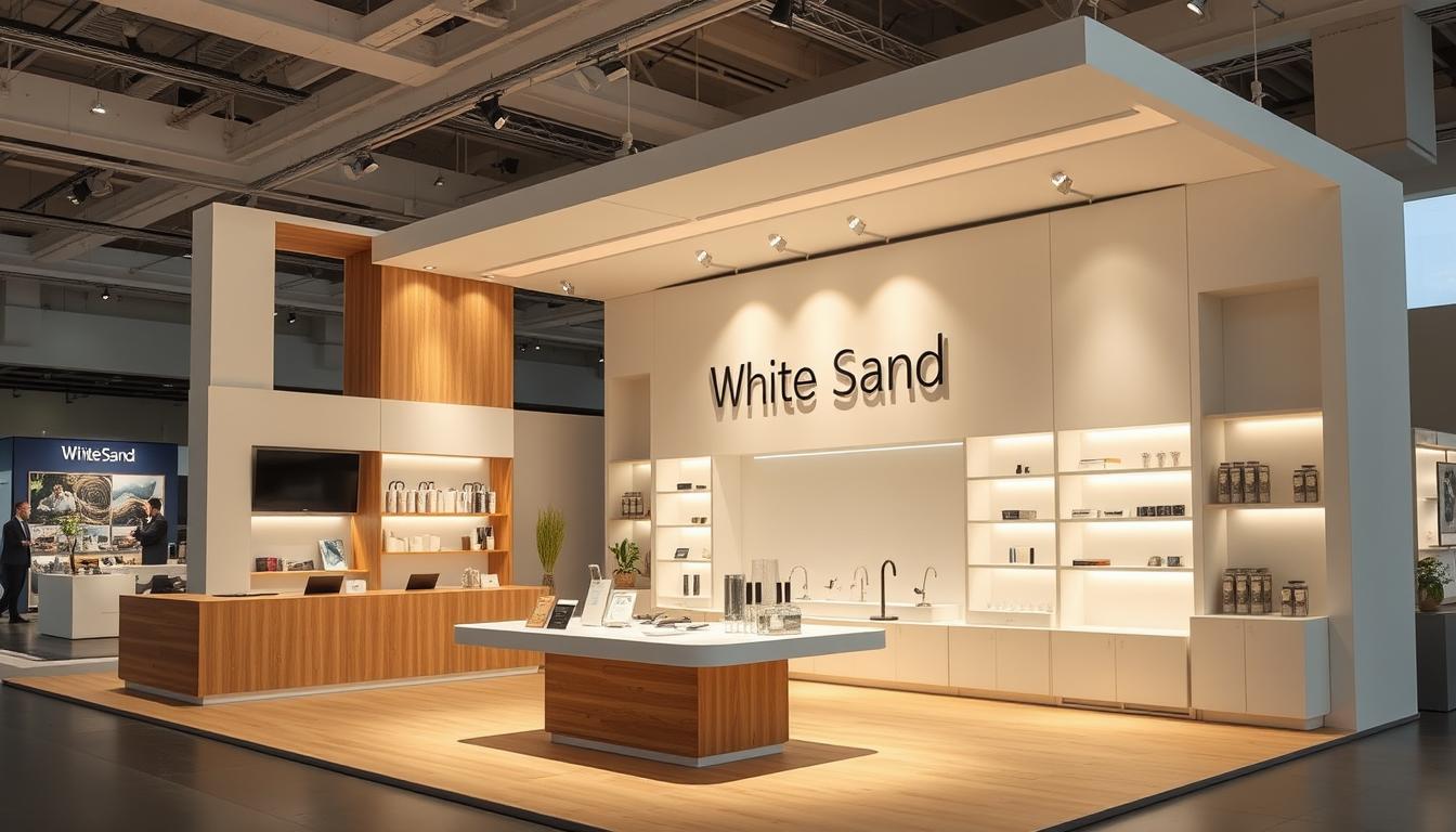 A modern exhibition stall design featuring the "White Sand" brand. A clean, minimalist structure with sleek lines and a neutral color palette, accented by warm wooden elements. Strategically placed spotlights illuminate the display area, highlighting the brand's products. In the foreground, a central display table showcases the products with an inviting, interactive layout. The middle ground features modular wall panels with recessed shelving, allowing for versatile product arrangement. The background has a simple, yet impactful branded backdrop, creating a cohesive and visually striking presentation. The overall atmosphere exudes a sense of professionalism, sophistication, and industry expertise.