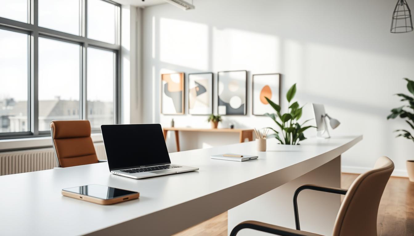 A sleek, modern office space with large windows bathed in natural light. In the foreground, a smooth, minimalist desk in the signature "White Sand" brand color. On the desk, a laptop, a tablet, and a modern desk organizer. In the middle ground, a stylish leather chair and a potted plant adding a touch of greenery. The background features a gallery wall with abstract art prints in a cohesive color palette. Soft, directional lighting creates depth and highlights the design elements. The overall atmosphere conveys a sense of productivity, creativity, and attention to detail, reflecting a design-centric approach.
