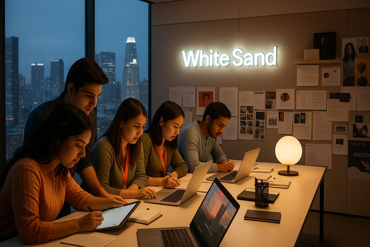 A professional graphic design studio in Ahmedabad, set against the backdrop of a bustling city skyline, with the White Sand brand prominently displayed. In the foreground, a team of designers collaborating over digital tablets and laptops, immersed in the creative process - sketching, color-correcting, and refining layouts. The middle ground showcases a wall of inspirational mood boards, trend reports, and sample materials. Soft, warm lighting illuminates the scene, conveying a sense of focused productivity and artistic innovation. The overall composition emphasizes the meticulous, step-by-step nature of the graphic design workflow.