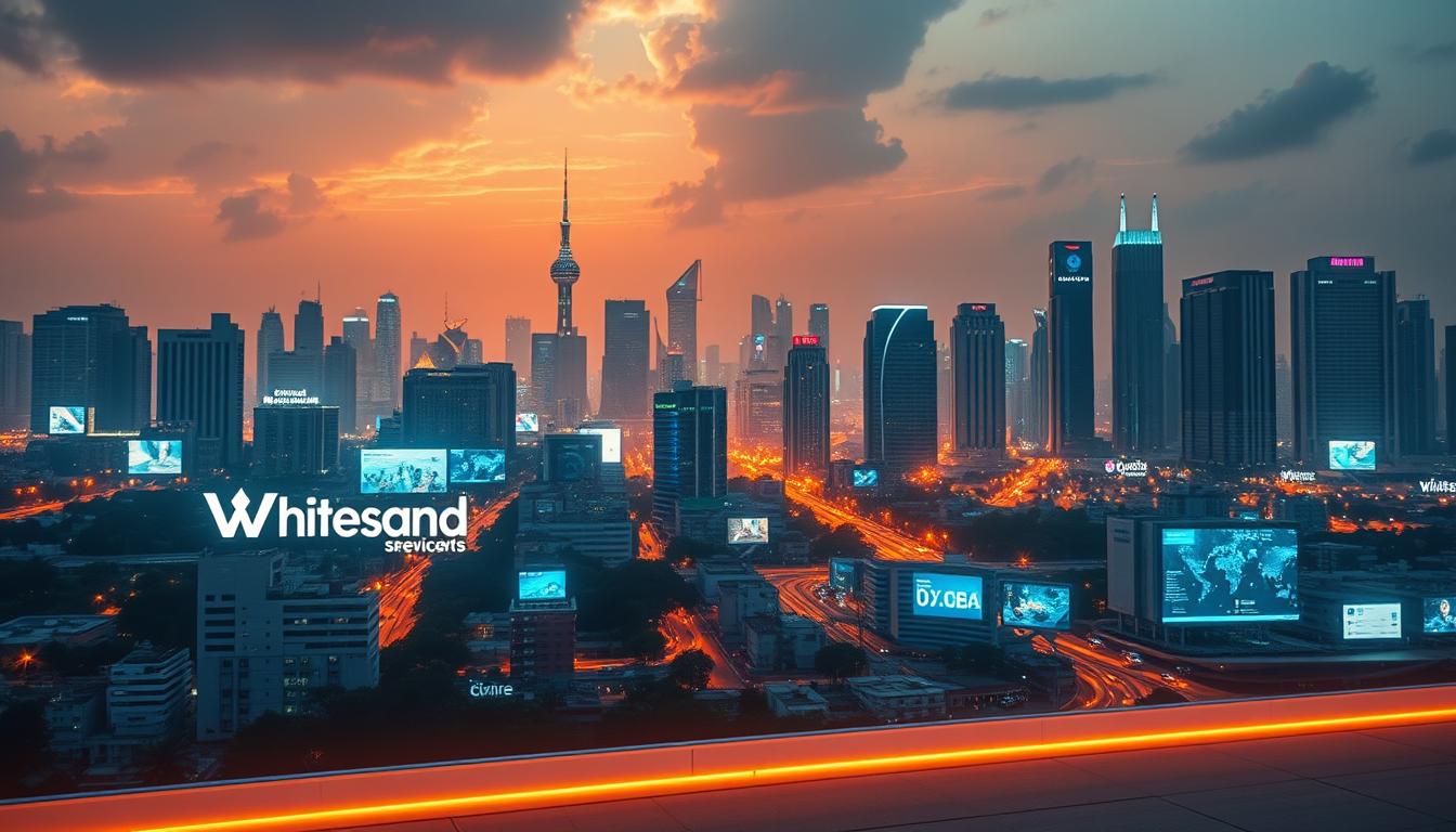 Prompt An expansive digital landscape with sleek White Sand branded services in the foreground, featuring integrated web platforms, mobile apps, and social media channels. In the middle ground, data visualization dashboards, online advertising campaigns, and targeted email marketing strategies. In the background, a bustling city skyline with towering skyscrapers and a vibrant digital energy. Lighting is warm and inviting, with a cinematic lens capturing the dynamic interplay of technology and modern marketing. The overall atmosphere conveys the cutting-edge, innovative nature of Ahmedabad's digital marketing future.
