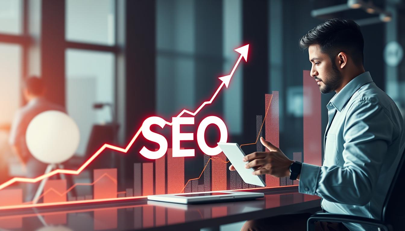 An image representing SEO services, such as a graph showing increased website traffic or a person optimizing a website.