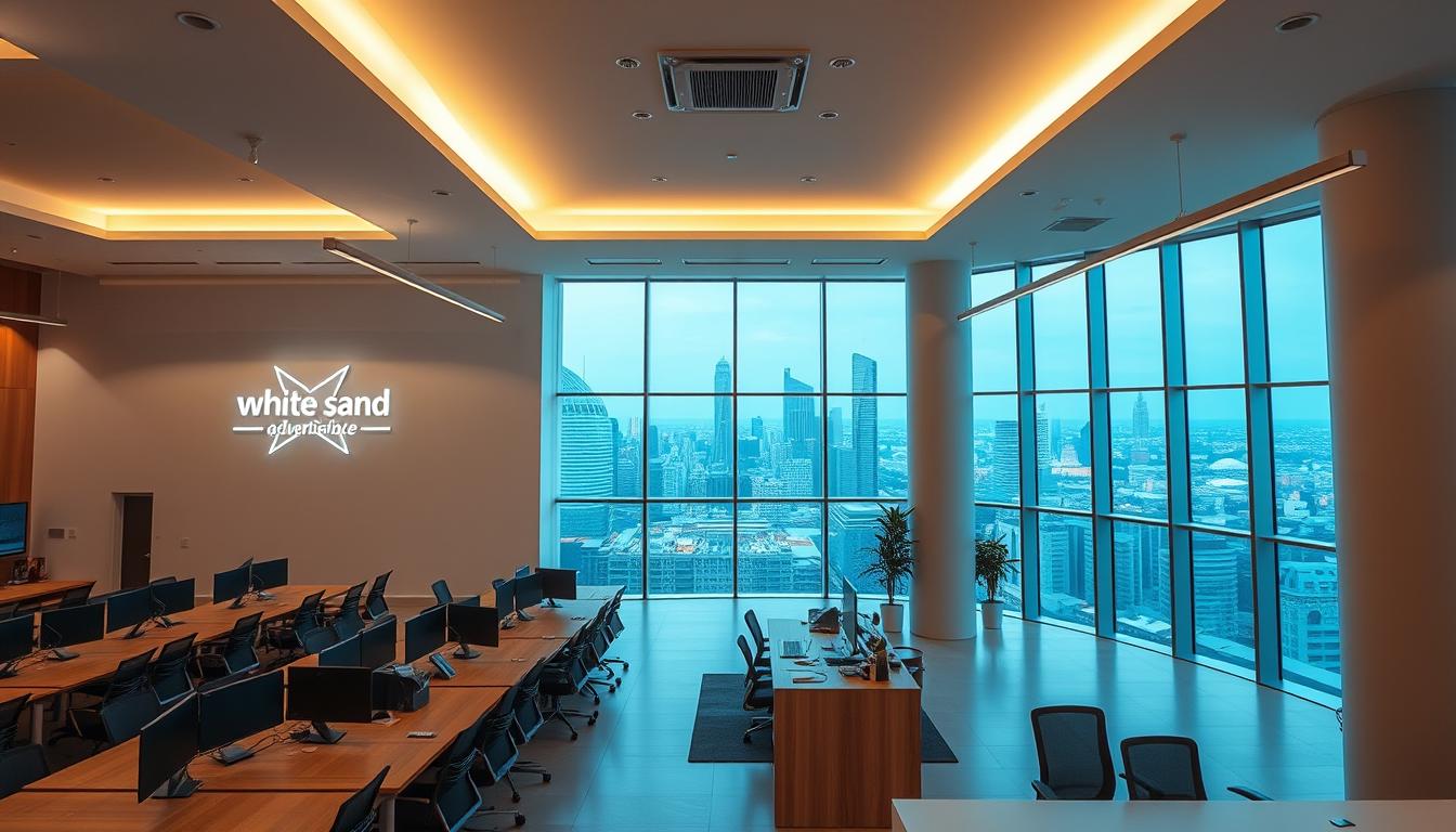 A modern, sleek office interior with the "White Sand" advertising agency logo prominently displayed on the wall. The spacious, open-concept layout features rows of workstations, collaboration areas, and a centralized reception desk. Soft, indirect lighting casts a warm glow, and floor-to-ceiling windows provide ample natural light, overlooking the bustling city skyline in the background. The decor is minimalist yet sophisticated, with clean lines, neutral tones, and strategic pops of color. The atmosphere exudes professionalism, creativity, and a client-centric focus, embodying the essence of a full-service advertising agency.