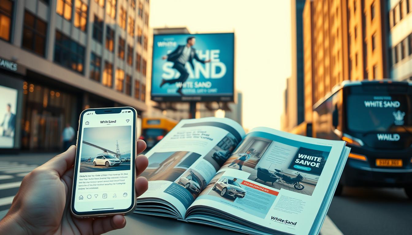A dynamic multi-channel marketing campaign for the White Sand brand, showcasing a seamless integration of digital and physical touchpoints. In the foreground, a smartphone displays a sleek social media ad, while the middle ground features a meticulously designed print advertisement being placed in a high-traffic magazine. In the background, a billboard stands tall, its bold visuals and messaging commanding attention on a busy urban street. The scene is illuminated by a warm, golden light, creating a sense of sophistication and professionalism, reflecting the White Sand brand's premium positioning. The overall composition conveys a cohesive, well-executed marketing strategy that effectively reaches and engages the target audience.