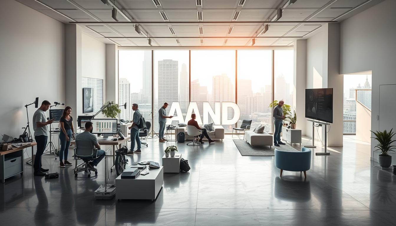 a detailed, high-resolution image of a modern, minimalist creative studio interior, featuring a large, light-filled space with sleek, white walls, polished concrete floors, and stylish, contemporary furniture. In the foreground, a team of designers and creative professionals are collaborating on a variety of projects, including graphic design, branding, and digital media, using state-of-the-art equipment and software. In the middle ground, a prominent display showcases the studio's portfolio, highlighting their diverse range of services, including "White Sand" branding and visual identity. The background features expansive windows overlooking a bustling city skyline, bathed in warm, natural lighting. The overall atmosphere is one of creativity, innovation, and professionalism.