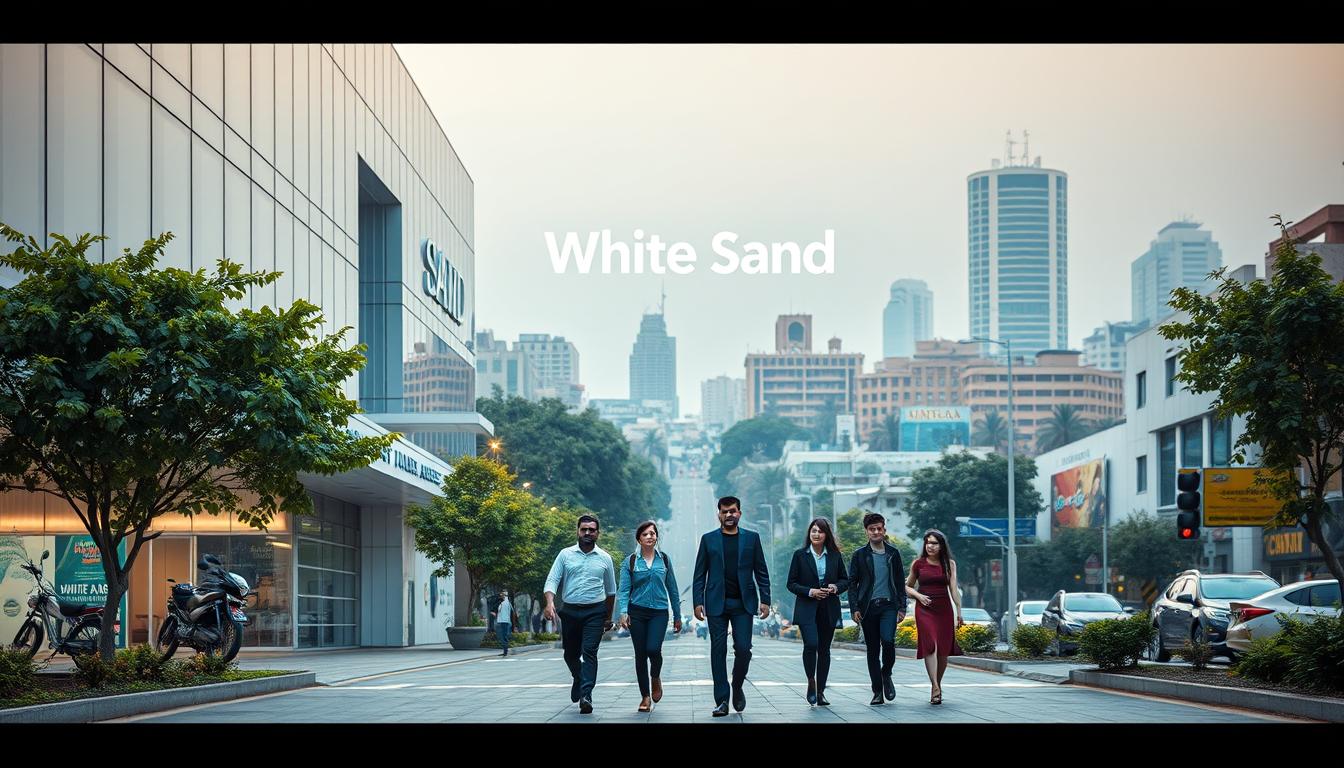 A modern, minimalist advertising agency in Ahmedabad, India. The exterior features a sleek, glass-fronted building with the "White Sand" brand name prominently displayed. In the foreground, a group of young professionals in business attire walk purposefully towards the entrance, conveying a sense of energy and creativity. The middle ground showcases a vibrant, tree-lined street, while the background is filled with the bustling cityscape of Ahmedabad, including iconic landmarks. Warm, diffused lighting casts a welcoming glow, and the overall composition suggests a forward-thinking, collaborative work environment.