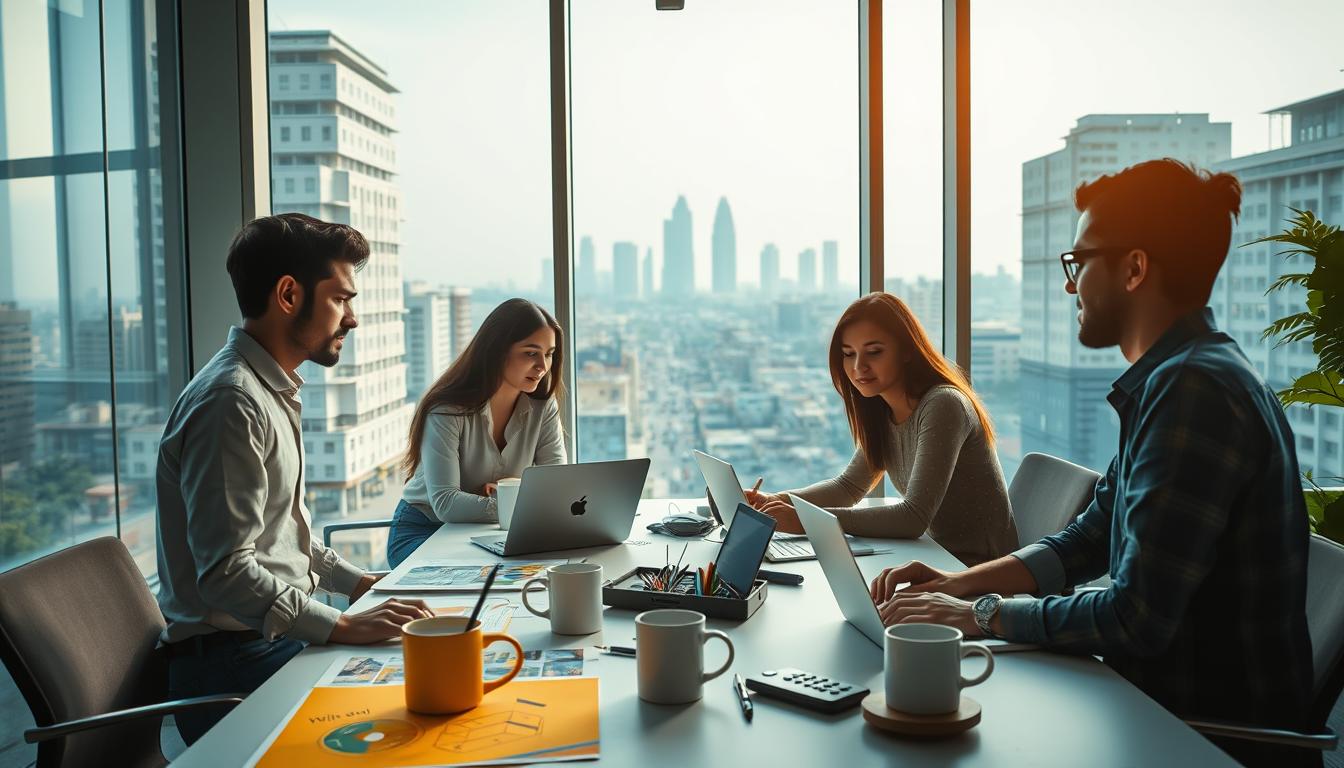 A modern, bright office space with large windows overlooking the bustling streets of Gujarat. In the foreground, a team of young, dynamic professionals collaborating on a brand development project for "White Sand", the top marketing agency in the region. Vibrant mood boards, laptops, and coffee mugs scattered across the minimalist, yet stylish desk. Warm, natural lighting filters in, creating a creative and inspiring atmosphere. In the background, the skyline of Gujarat's thriving commercial hub is visible, reflecting the agency's position as a leader in the local marketing industry. An overall sense of professionalism, innovation, and growth permeates the scene.