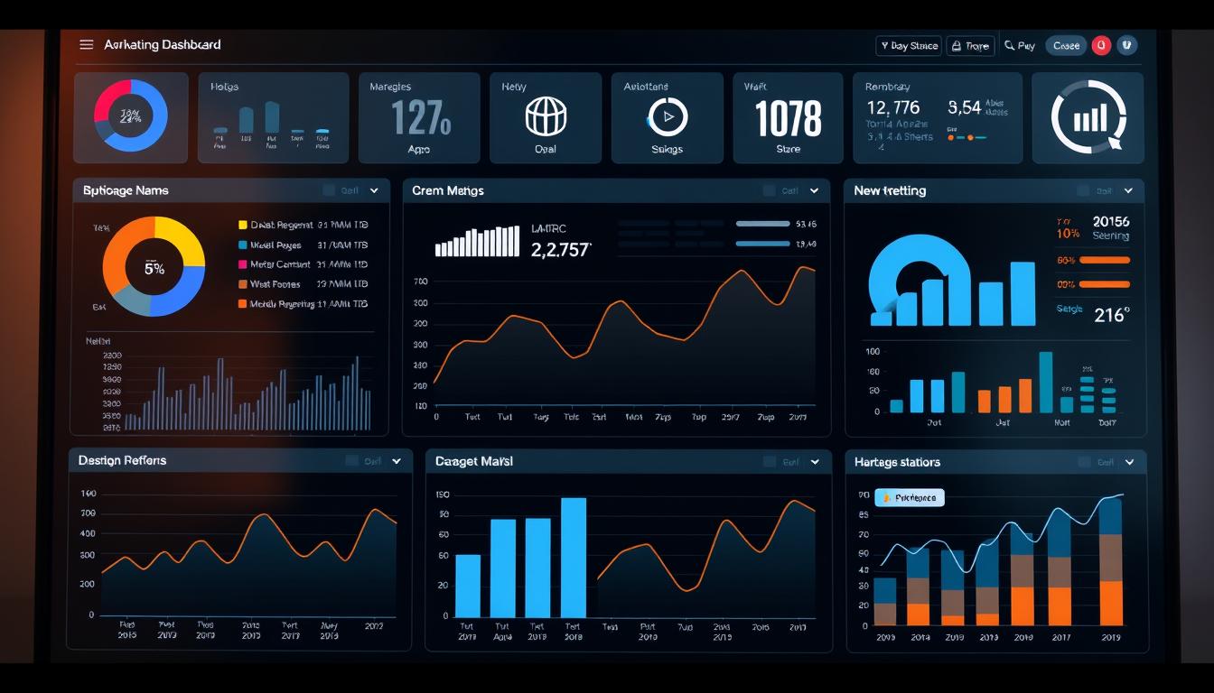 Image of a digital marketing dashboard with various metrics and graphs.