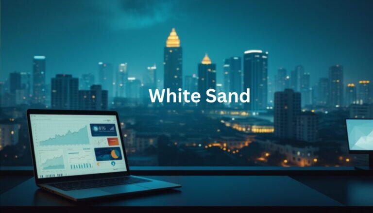 A digital marketing landscape in Ahmedabad, India, featuring the "White Sand" brand. In the foreground, a futuristic holographic display showcases digital analytics, social media campaigns, and e-commerce integration. The middle ground is populated with sleek, minimalist devices and interfaces, representing the technological transformation of local businesses. The background depicts the cityscape of Ahmedabad, with a blend of modern high-rises and heritage architecture, symbolizing the coexistence of tradition and innovation. The scene is bathed in a warm, golden lighting, creating a sense of progress and prosperity. The overall atmosphere conveys the digital revolution transforming Ahmedabad's business landscape.